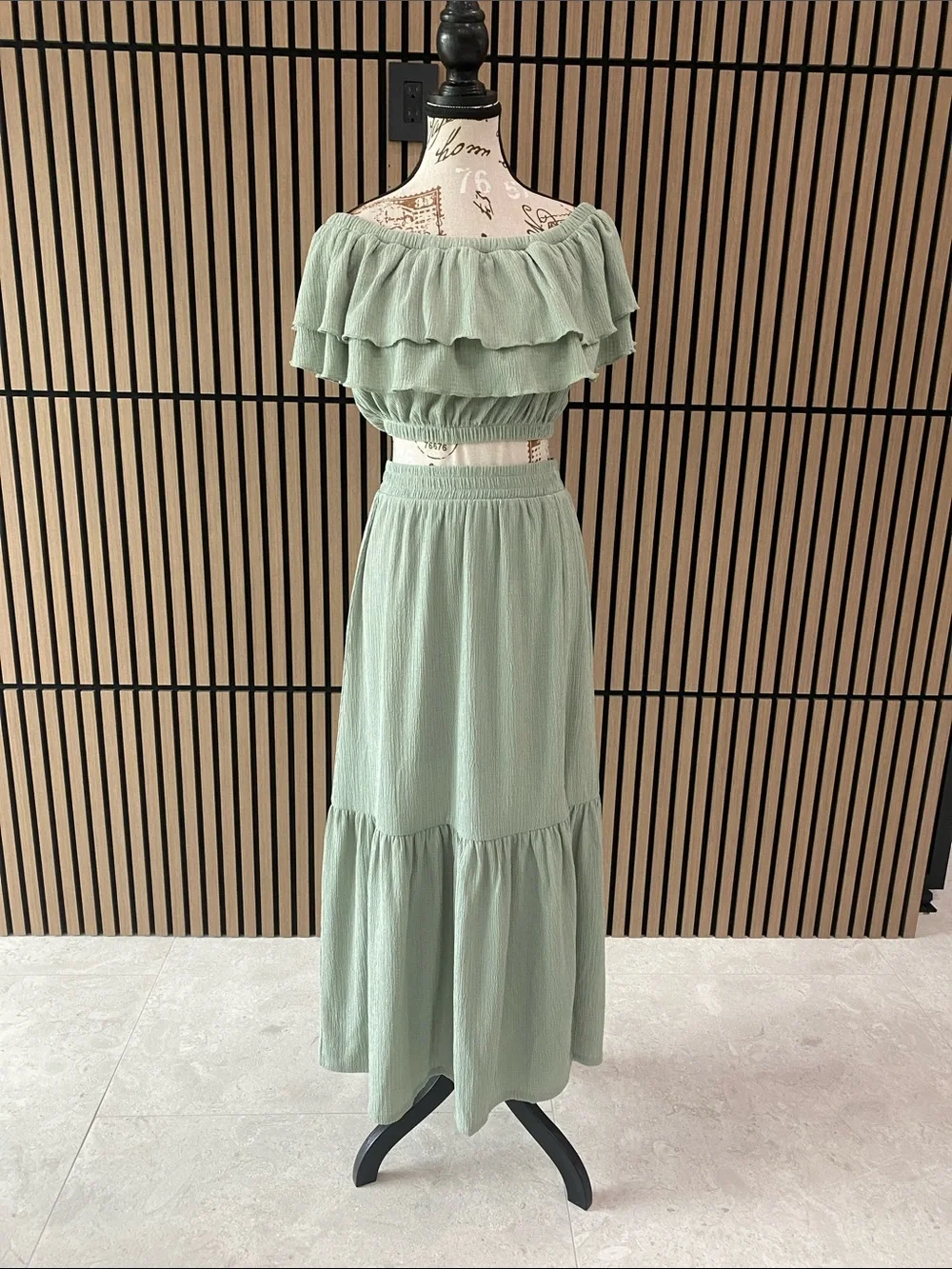 Almost Famous Sage Green Tiered Off-Shoulder Maxi Set - Picture 1 of 4